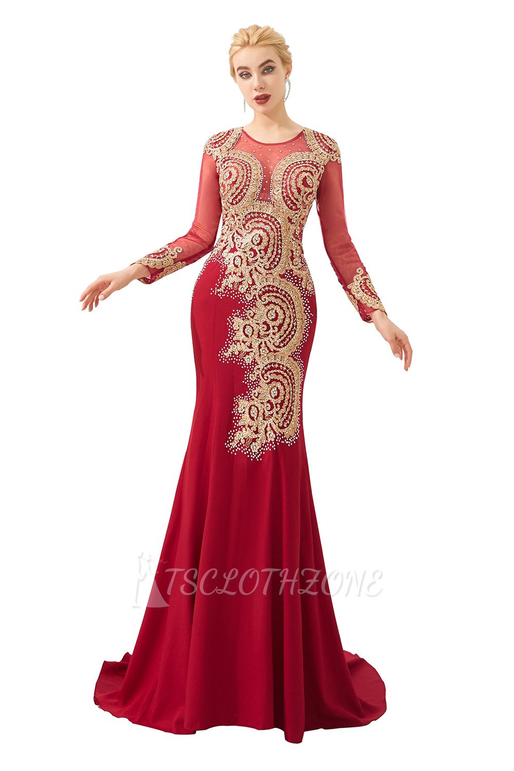 Harley | Luxury Illusion neck Long Sleeves Prom Dress with Sparkling Gold Lace Appliques