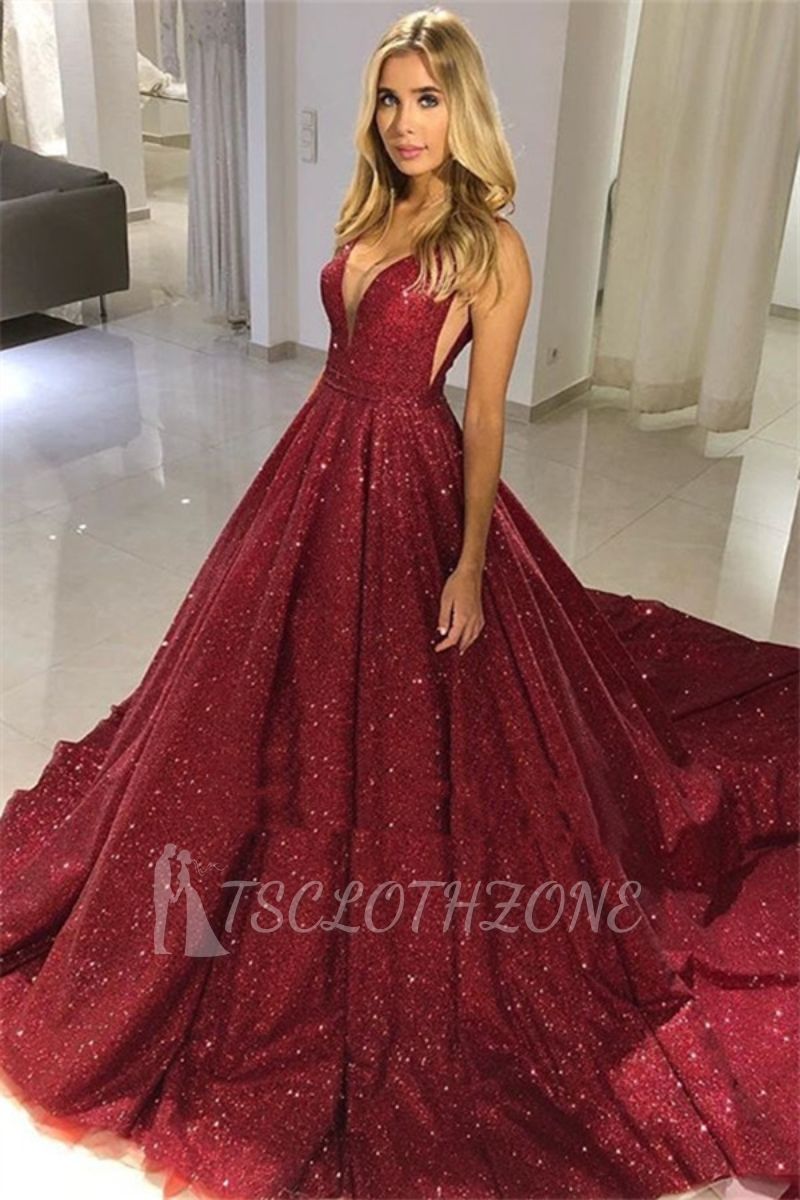 Burgundy A-Line Sequins Evening Gown | 2022 Sexy V-Neck Sleeveless Prom Dresses