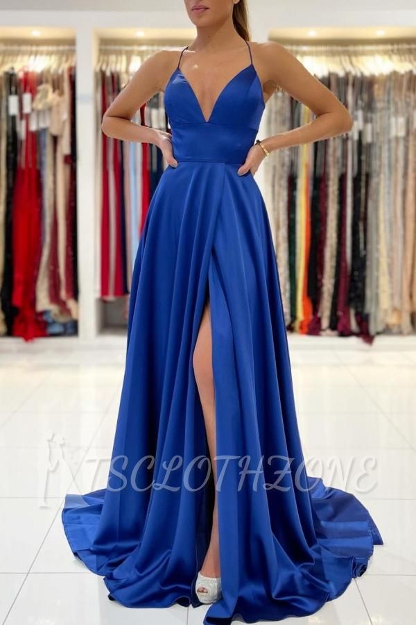 Sexy ärmelloses königsblaues langes Abendkleid mit V-Ausschnitt und Seitenschlitz
