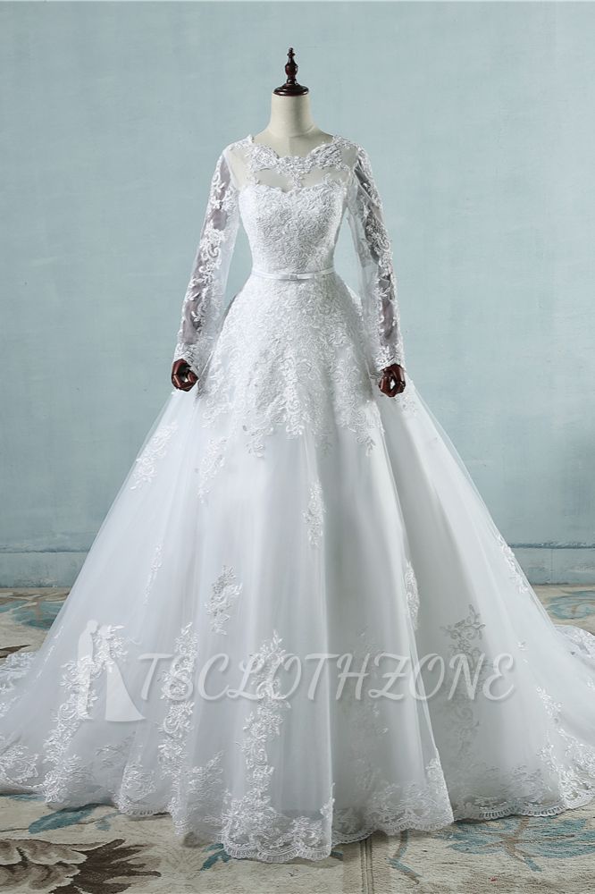 TsClothzone Elegant Jewel Tulle Lace Wedding Dress Long Sleeves Appliques A-Line Bridal Gowns On Sale
