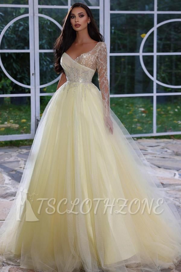 Designer evening dress long with sleeves | Yellow Prom Dresses With Glitter