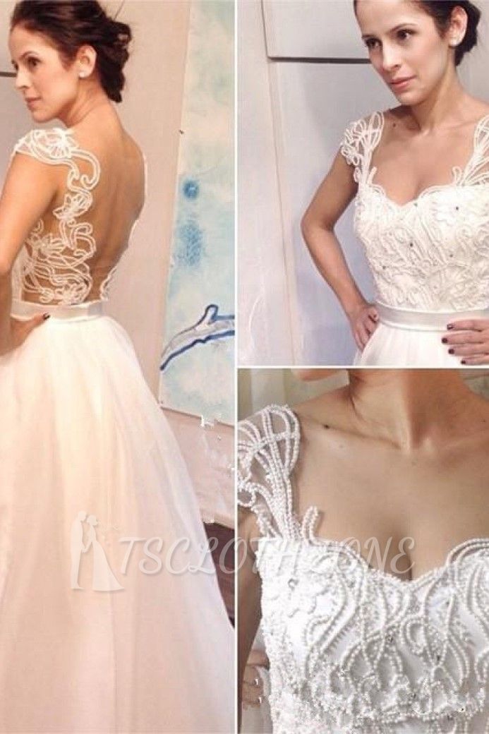 Floor-length Pearls Straps Elegant Backless White A-line Wedding Dress