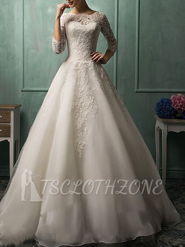 Illusion A-Line Wedding Dress Bateau Lace 3/4 Length Sleeve Bridal Gowns Court Train