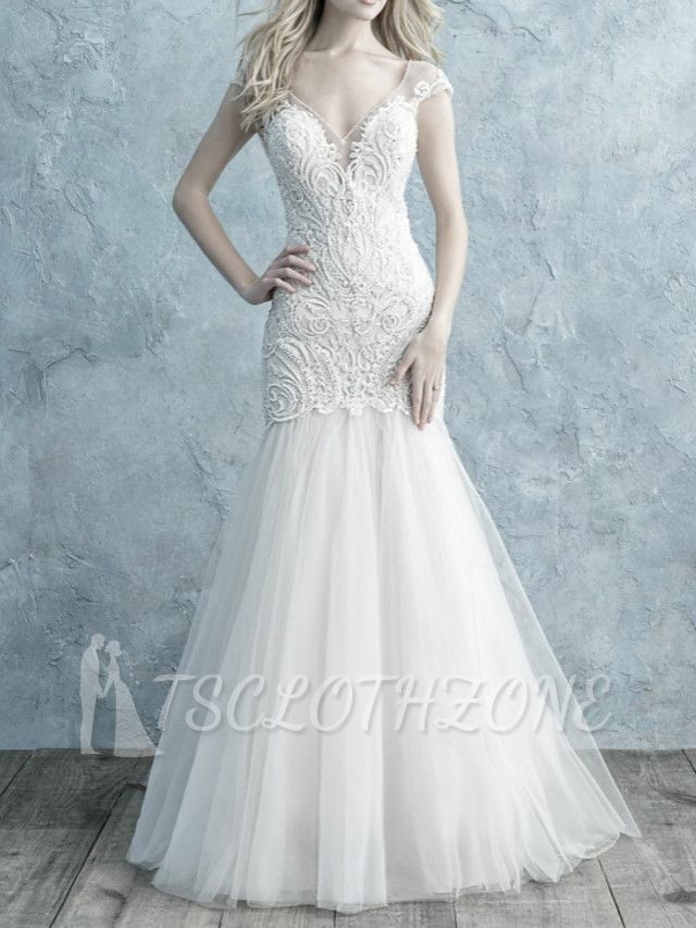 Sparkle & Shine Mermaid Wedding Dress V-neck Lace Tulle Cap Sleeve Sexy Backless Bridal Gowns with Sweep Train
