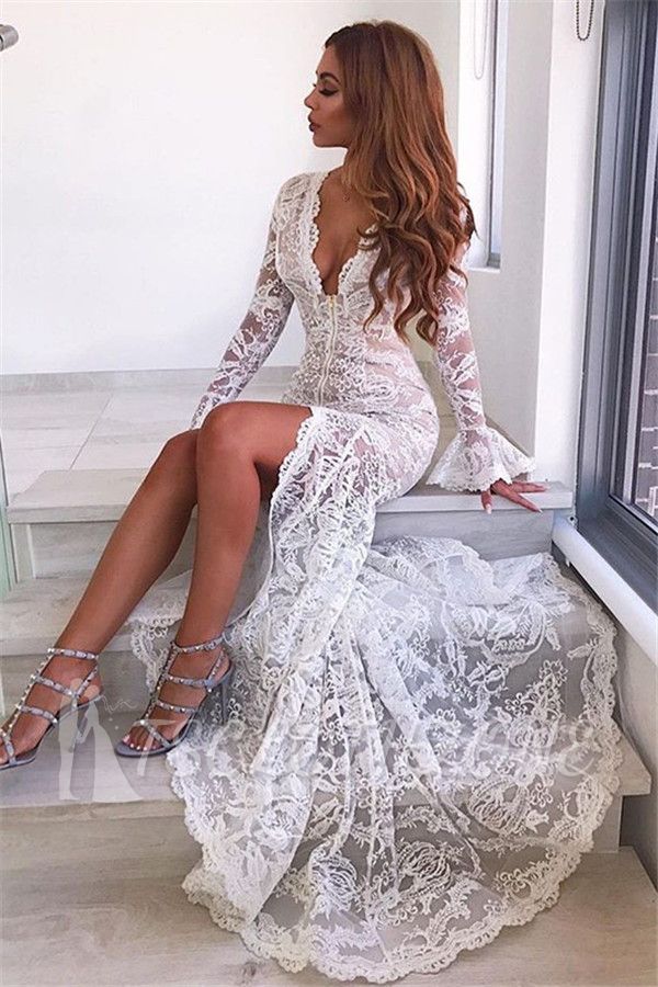 Elegant Mermaid Lace V-Neck Evening Dresses | 2022 Long Sleeves Prom Dresses