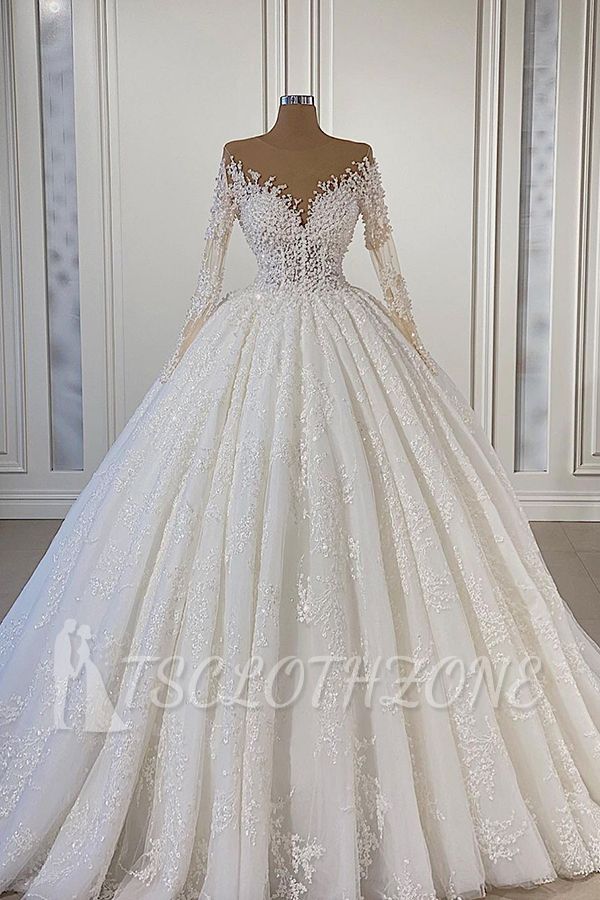 Gorgeous Long Sleeve Prom Dress 3D Floral Appliqué with Pearl Aline Wedding Dress