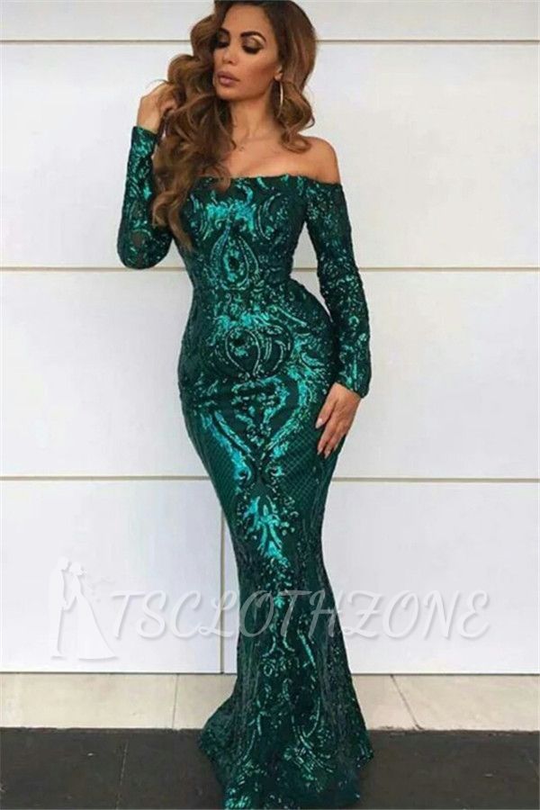 Off Shoulder Evening Dresses with Sleeves | Sexy Mermaid Sequins Prom Dresses