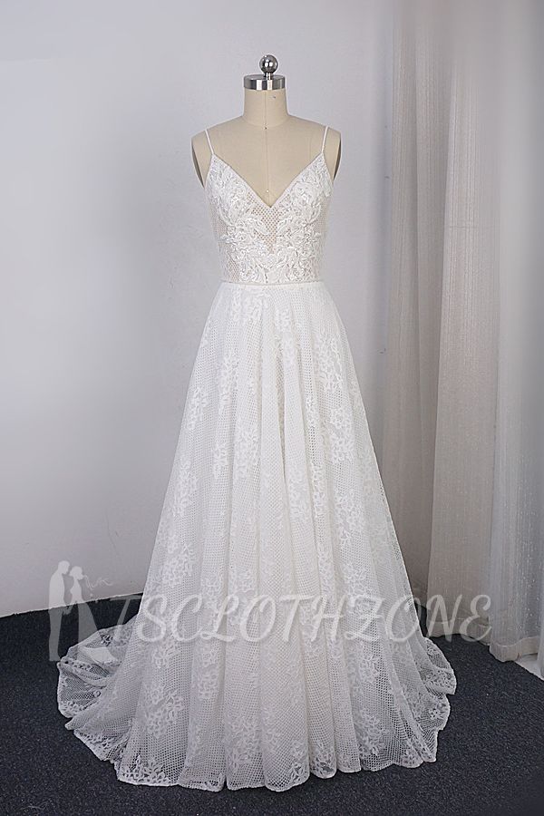 TsClothzone Sexy Spaghetti Straps V-neck Lace Tulle Wedding Dress Sleeveless Appliques Backless Bridal Gowns Online