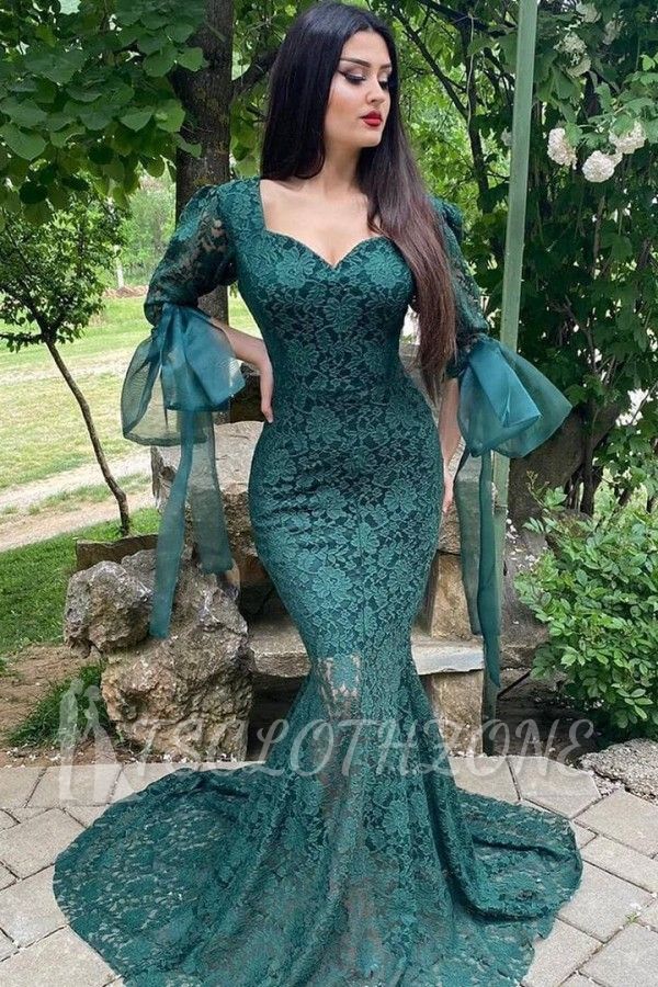 Green Lace Long Sleeve Evening Gowns Mermaid Prom Dress Online
