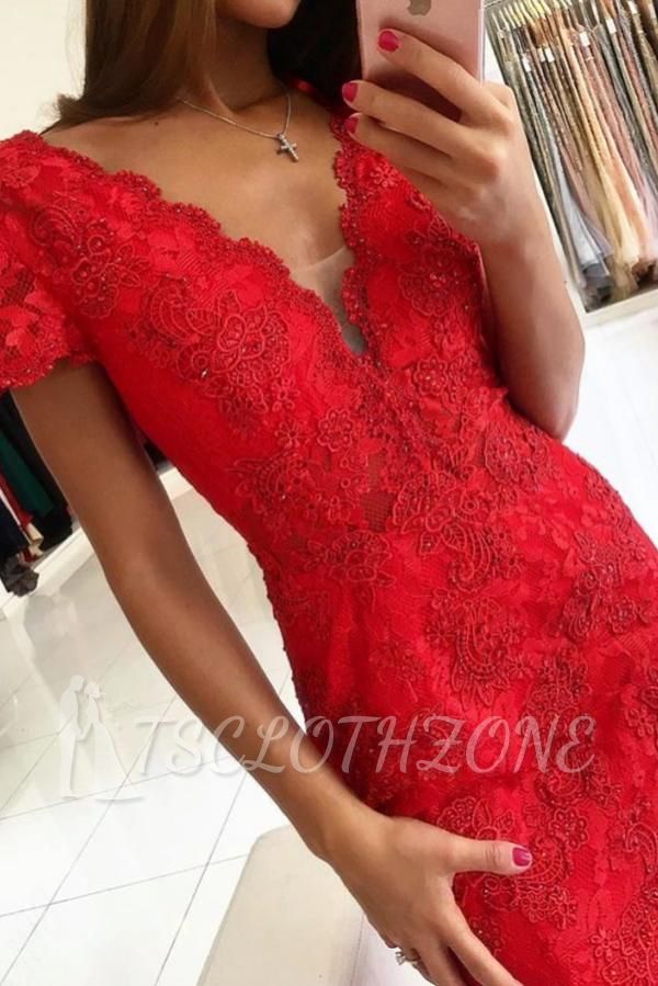 Short Sleeves Mermaid Evening Dress Backless Red Party Dress with Lace Apliques