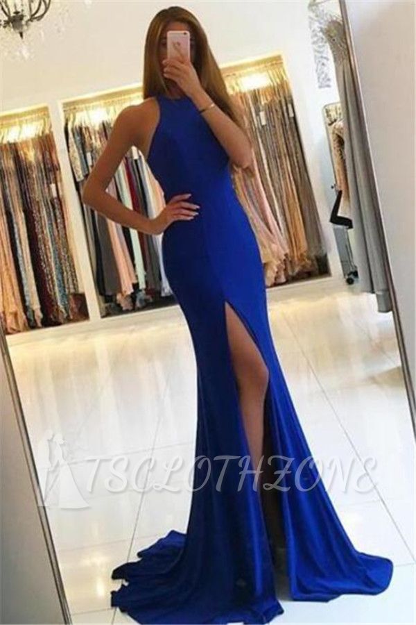 Simple Royal-Blue Mermaid Prom Dresses 2022 Side Slit Halter Evening Gowns
