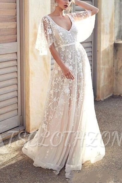 Boho A-Line V-Neck Tulle Wedding Dress Lace Appliques Bridal Gowns with Short Sleeves
