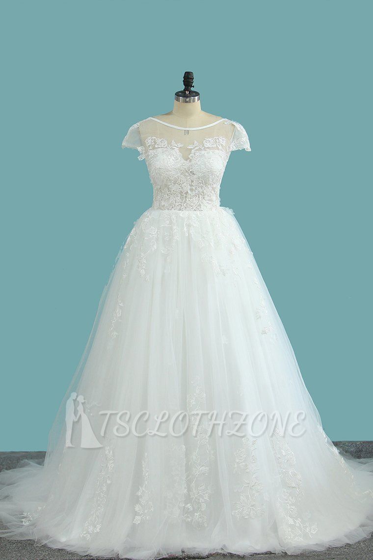 TsClothzone Elegant Jewel Tulle Lace Wedding Dress Short Sleeves Appliques Ruffles Bridal Gowns Online