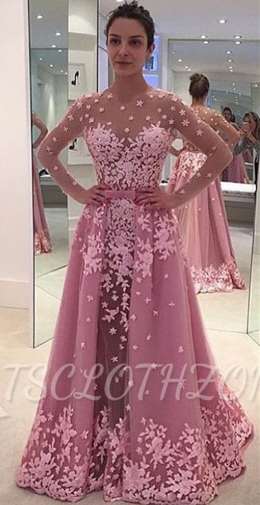 2022 Candy Pink Long Sleeve Prom Dress Lace Appliques Overskirt 2022 Evening Gown