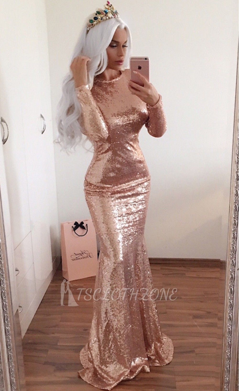 Backless Shiny Sequins Sexy Cheap Prom Dresses | Long Sleeve Sheath Evening Gown
