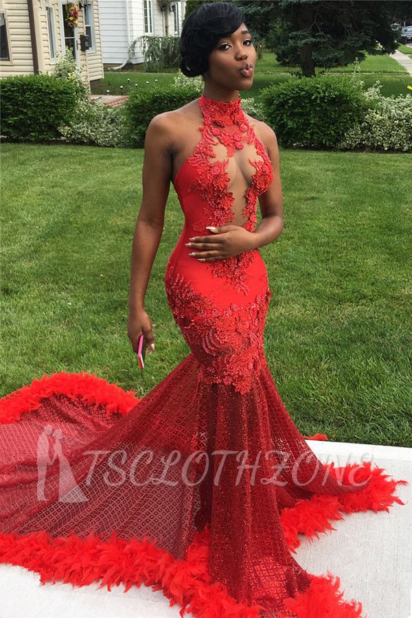 Halter Sheer Tulle Wholesale Prom Dress with Feather | Open Back Fit and Flare Appliques Prom Dresses