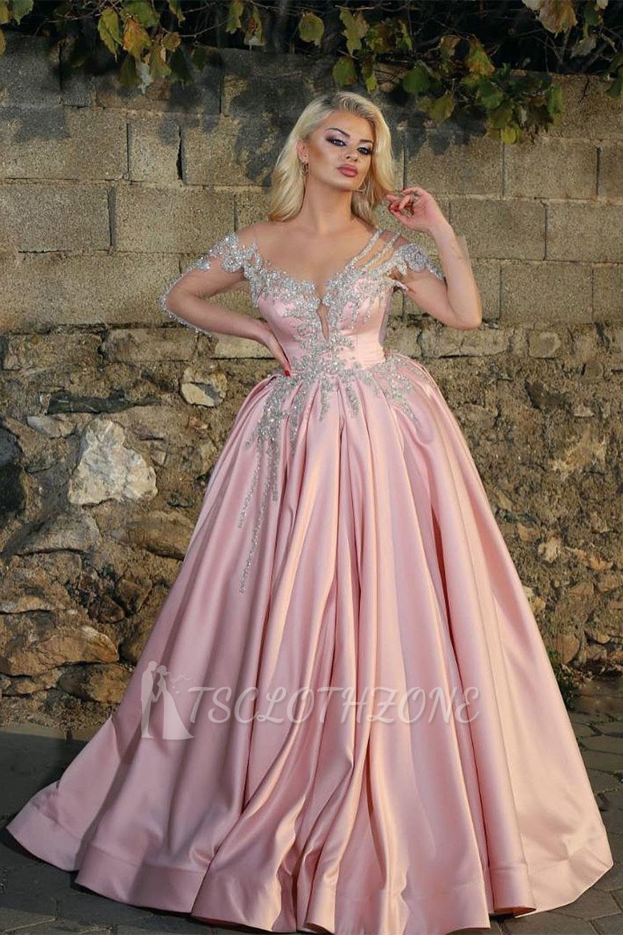 Glamouröse Prinzessin V-Ausschnitt Langarm Prom Kleider Mit Perlen | Günstige rosa Ballkleider
