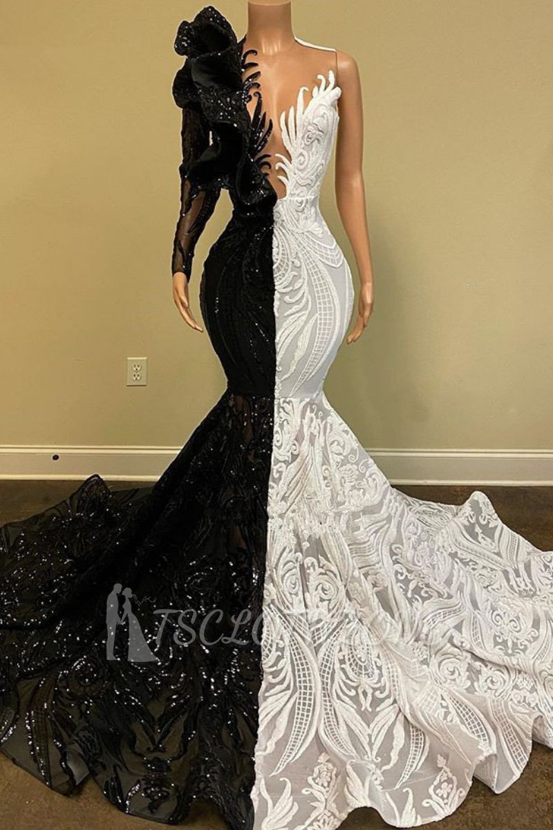 Unique Two Tone V Neck One Shoulder Long Sleeve Mermaid Ball Gown