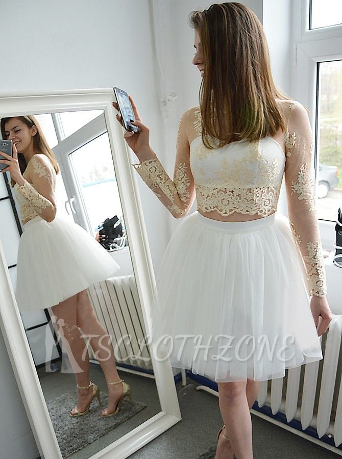 Glamouröse kurze lange Ärmel Abiballkleider | Champagnerapplikationen Hoco-Kleid in A-Linie