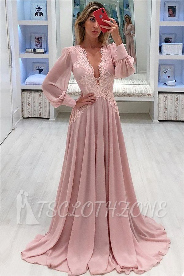 Rosa Chiffon Bubble Sleeves Sexy Abendkleider | Sexy V-Ausschnitt Günstige Abendkleider 2022