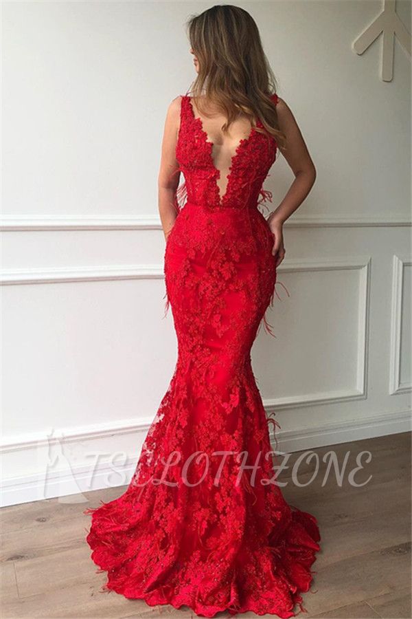 Sexy Red Mermaid Sleeveless Lace Appliques Evenging Dresses