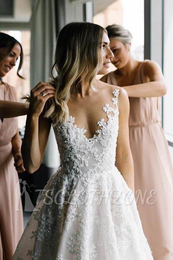 Women V Neck Sleeveless White Wedding Dresses With Lace Appliques