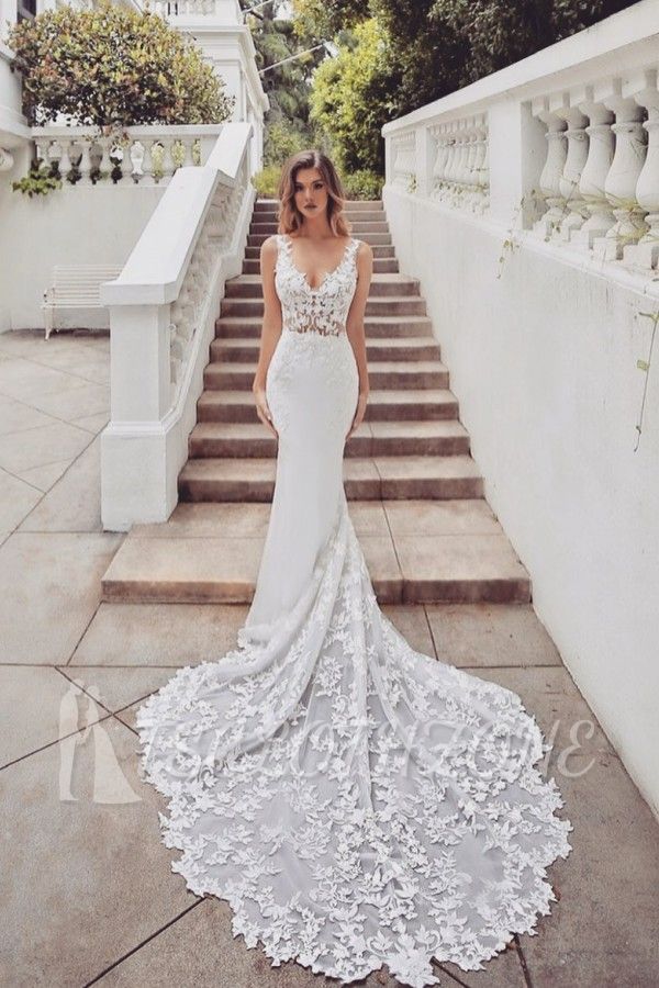 Gorgeous Train Sleeveless V-neck Lace mermaid wedding dresses