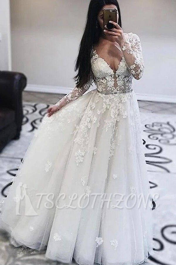 Elegant Tulle Lace Wedding Dress Long  Sleeves Floral  V-Neck Bridal Dress