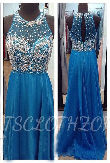 Ocean Blue Halter Sparkly 2022 Chiffon Prom Dresses with Sheer Back Crystal Popular Long Evening Dresses