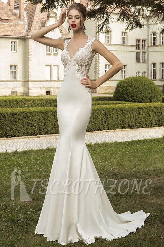 Elegantes Brautkleid mit Satinapplikationen Meerjungfrau-Schleife-Zug-Hochzeitskleid mit durchsichtigem Spitzenzug