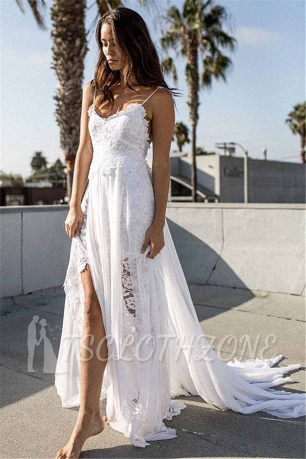 Simple A-line Lace Beach Wedding Dresses 2022 | Spaghetti Straps Sexy Bridal Gowns