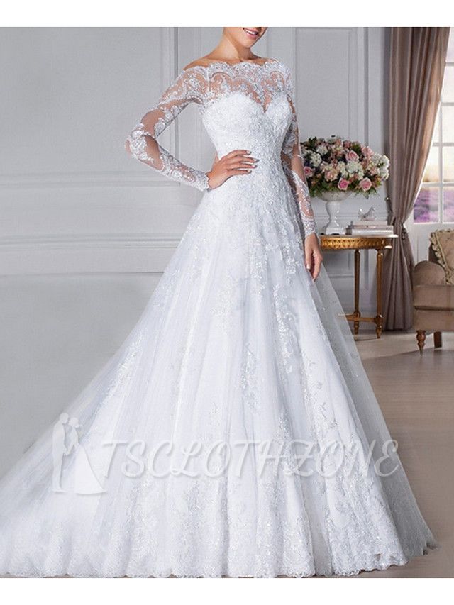 A-Line Wedding Dress Off Shoulder Lace Long Sleeves Bridal Gowns Formal with Sweep Train
