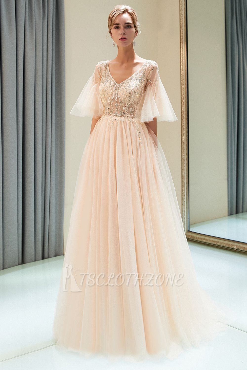 MARIE | A-line V-neck Floor Length Beading Tulle Evening Gowns with Sleeves