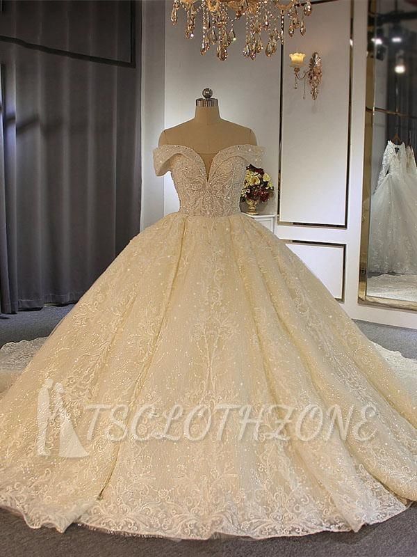 Luxury Sequins Off The Shoulder Wedding Dresses | Lace Pleated Ball Gown Bridal Gowns
