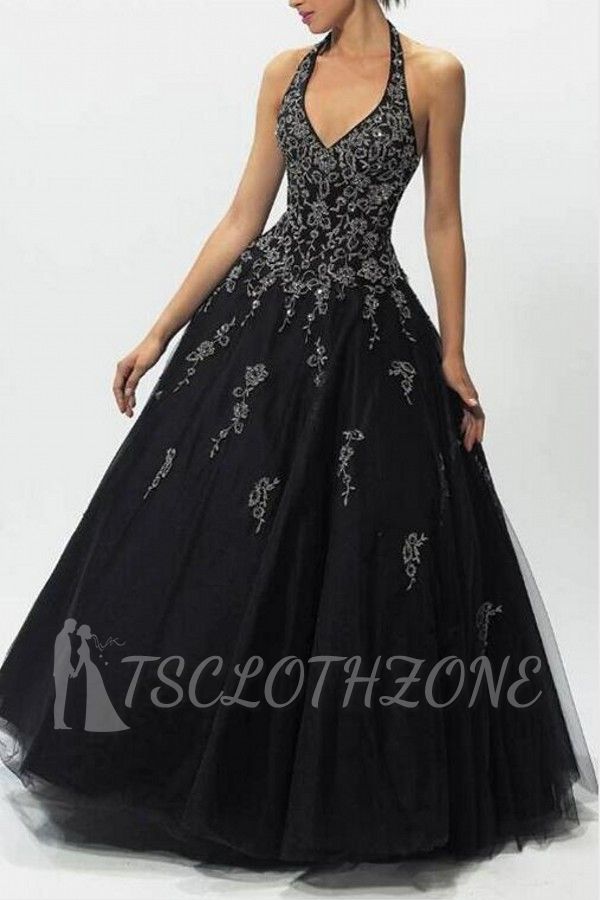 Elegant Halter Black A-line Princess Evening Maxi Dress with Lace Appliques