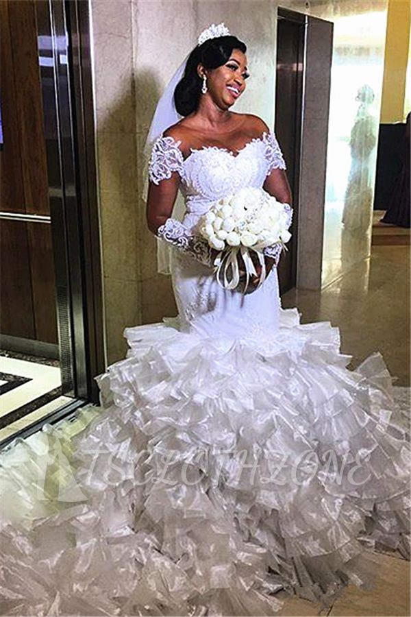 Short sleeves Off-the-shoulder White Mermaid Wedding Dresses with Ruffle Train