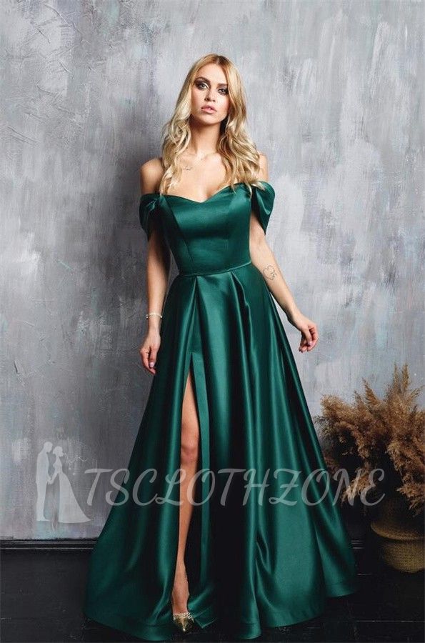 Charming Green Off the Shoulder Strapless Stretch Satin A-line Floor Length Prom Dress