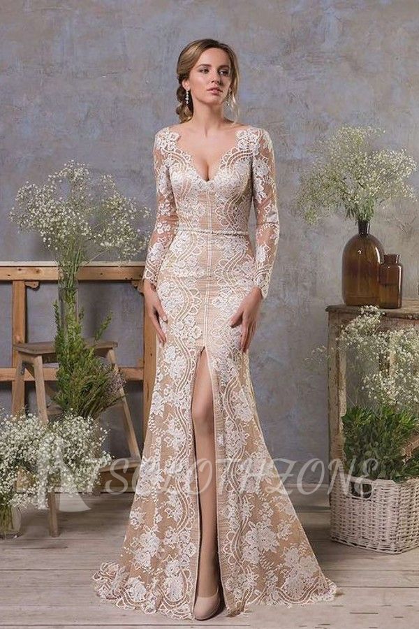 Stunning Floral Lace Pearls Mermaid Bridal Dress with Side Slit Long Sleeves