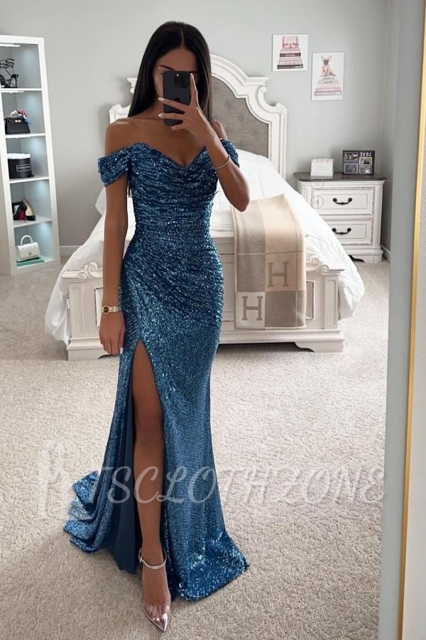 Sexy Abendkleider lang blau | Glitzer-Abschlussballkleider günstig