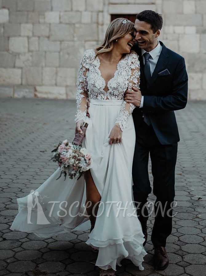 Charming Long Sleeve Lace Applique Front Split Bridal Gowns|Long V-Neck Wedding Dress