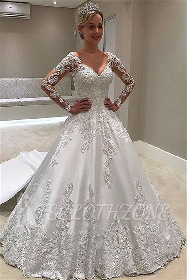 Elegant Long-Sleeves Ball-Gown Appliques Bridal Gown