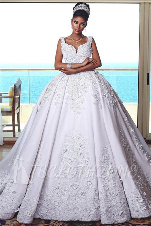 Glamorous Straps Lace Wedding Dresses | 2022 Sleeveless Puffy Ball Bridal Gowns