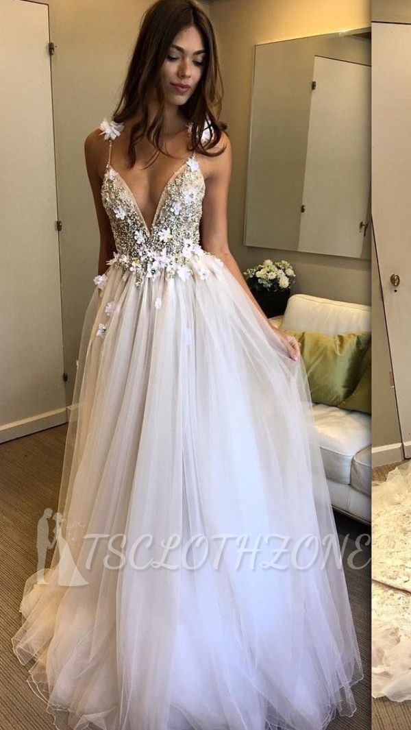 Spaghetti Straps Beads Appliques Sexy Prom Dresses 2022 | V-neck Tulle Sleeveless Cheap Evening Gown