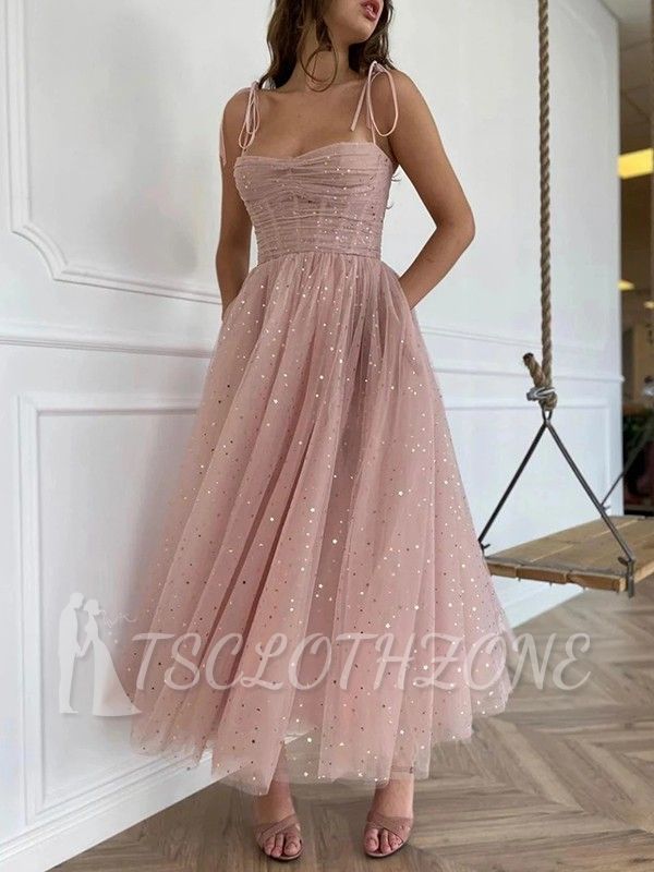 A-Line Ruffles Spaghetti Straps Sleeveless Ankle-Length Tulle Formal Party Dresses