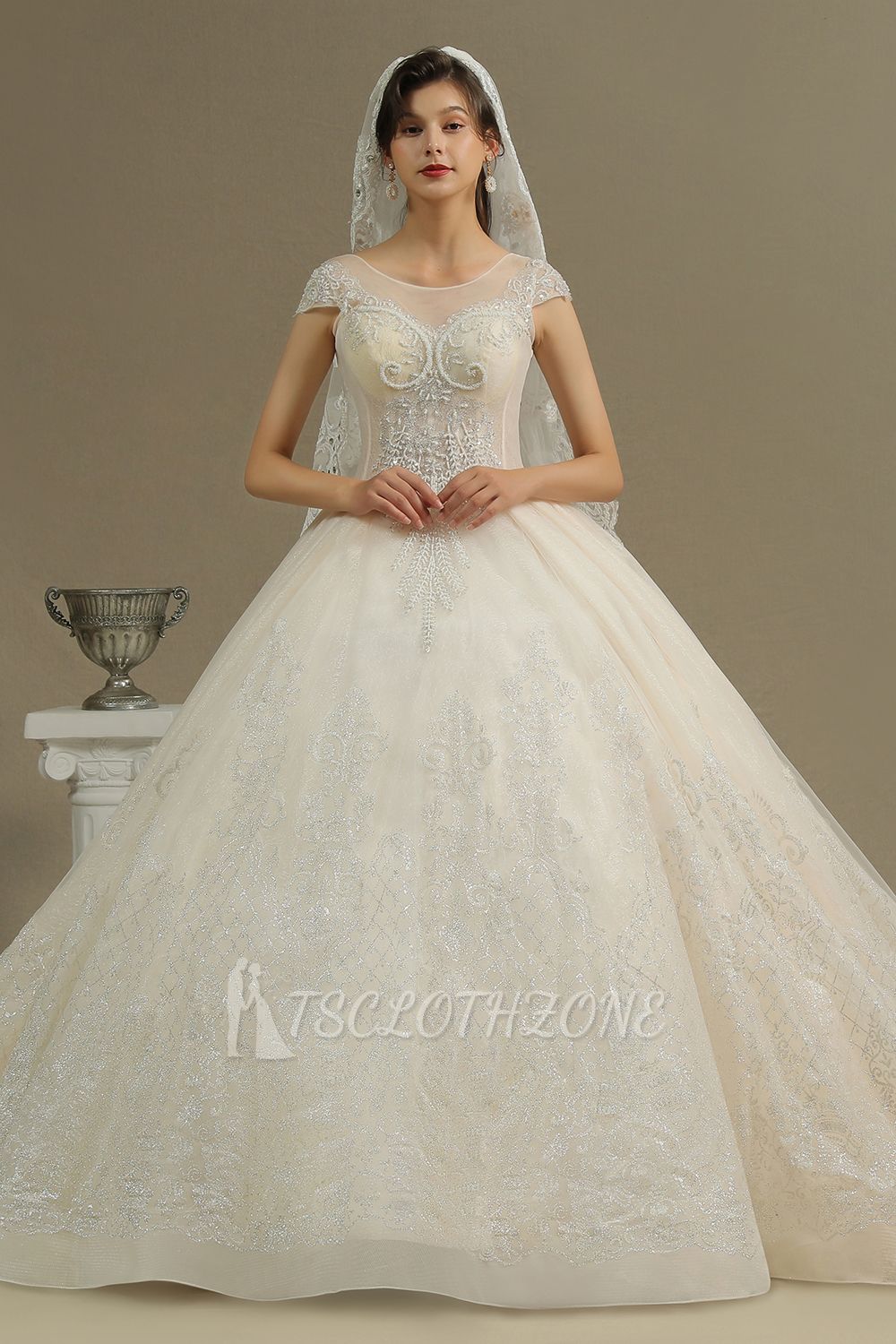 Cap Sleeve Aline Cathedral wedding dress Tulle Lace Appliques Garden Bridal Gown