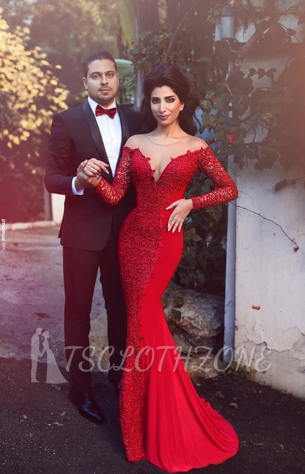 2022 Red Prom Dress Sexy Mermaid Long Sleeve Sheath Evening Dress with Lace