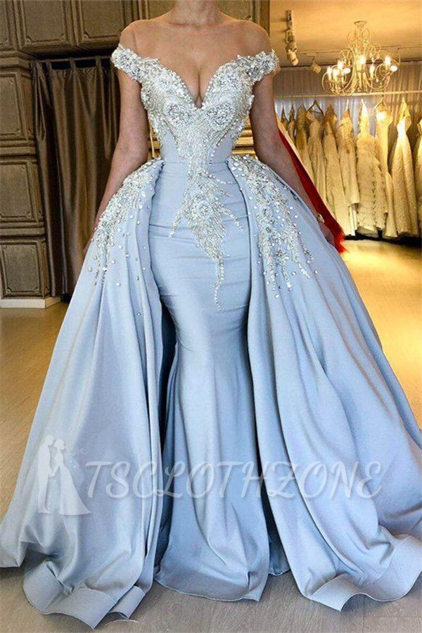 Elegant Sky Blue Mermaid Off the shoulder Prom Dresses | Sweetheart Discount Overskirt Evening Dresses Online