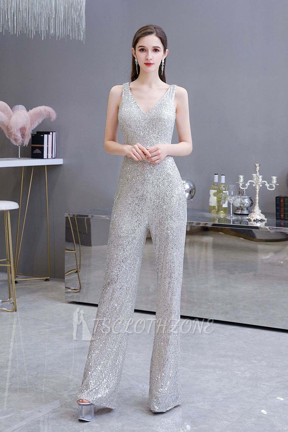 Sexy Shining V-neck Silver Sequin Sleeveless Prom Jumpsuit
