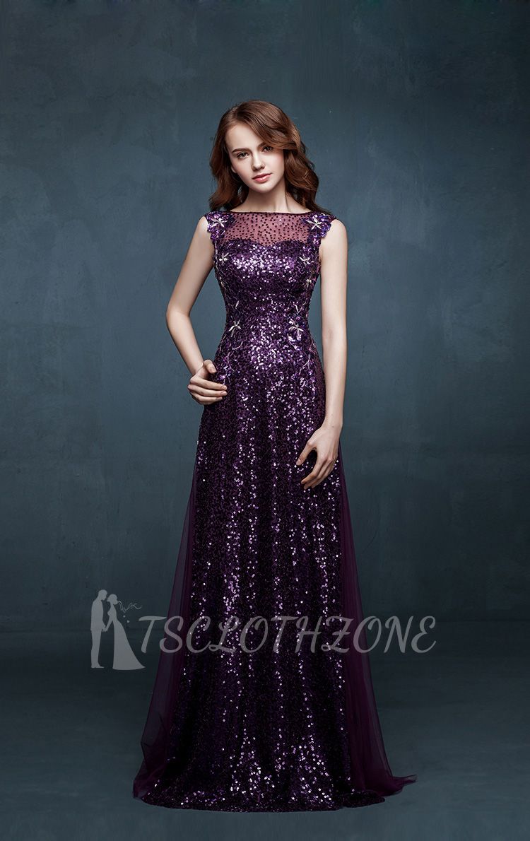Unique Crystal Purple Sequined Long Evening Dress Floor Length Designer Sexy Prom Special Occassion Dresses