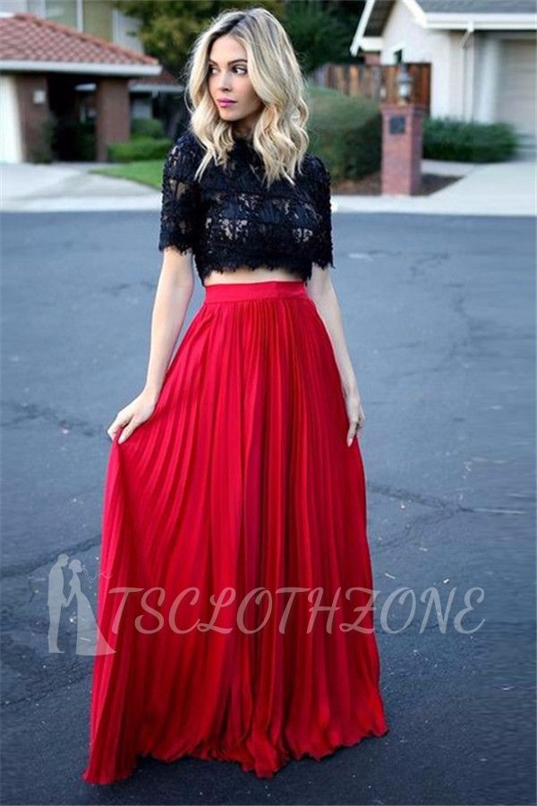 Glamorous A-Line Two pieces Sexy Evening Gowns Short Sleeves Lace Prom Dress